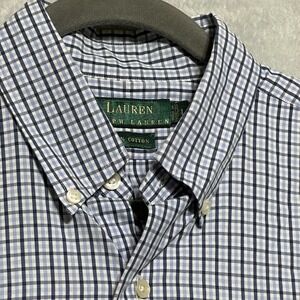 Lauren Ralph Lauren Mens L Short Sleeve Shirt Blue Check Plaid Crest Logo Cotton